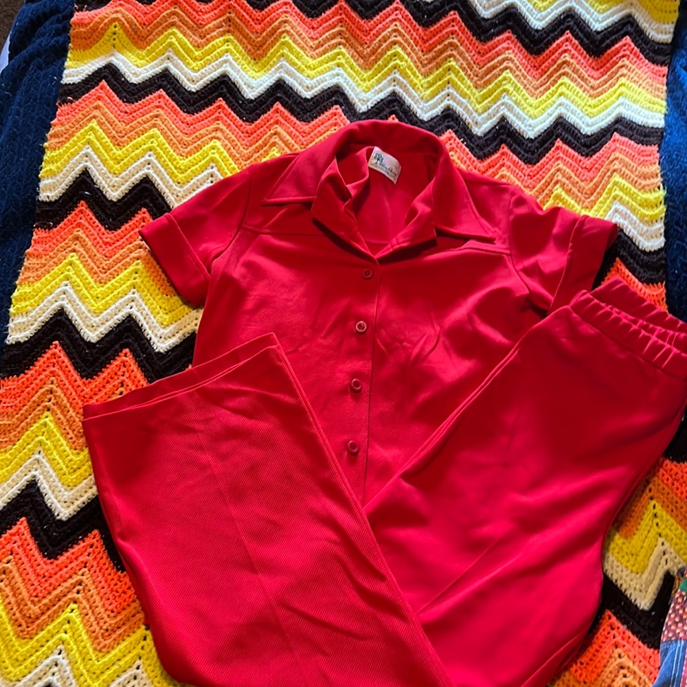 vintage red polyester shirt and pants set